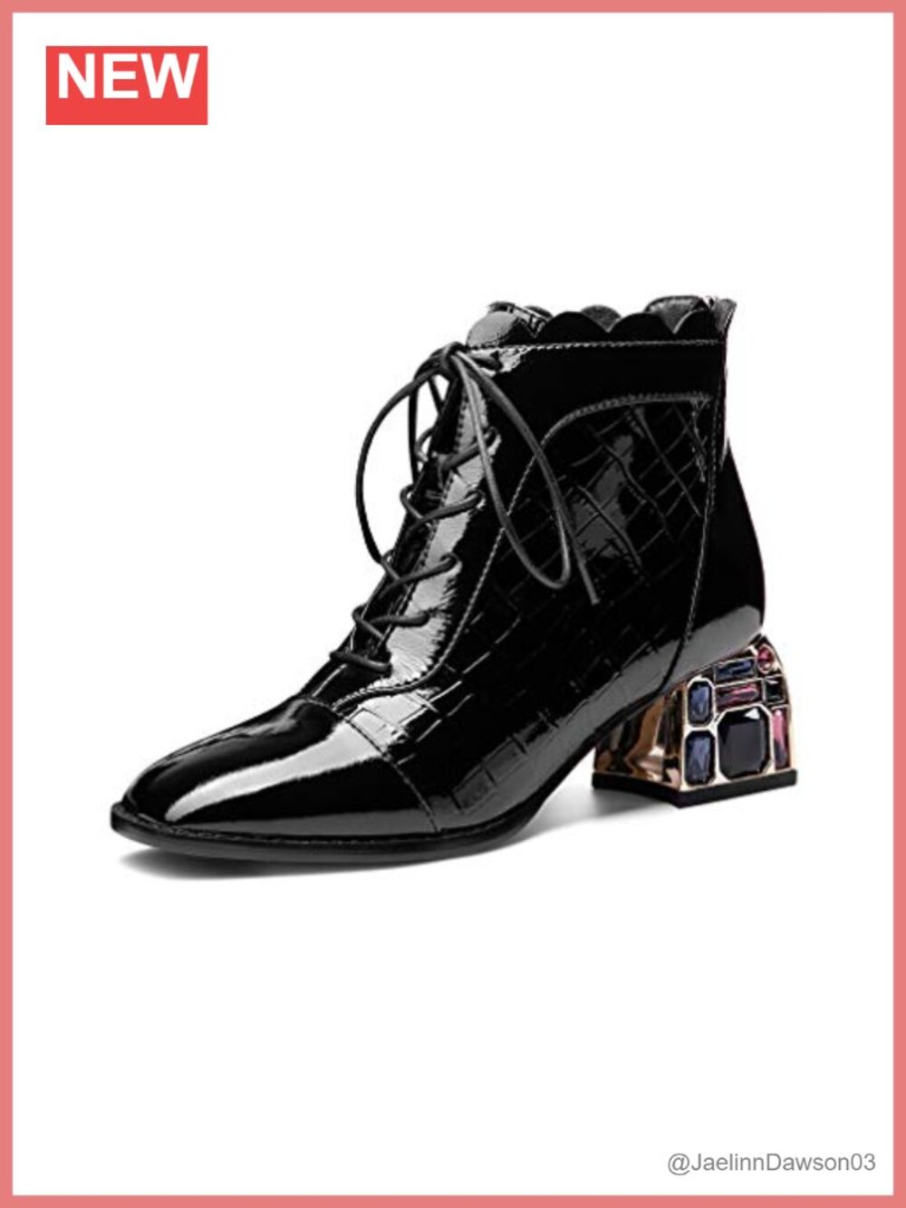 Women's Patent Leather Ankle Boots Crystal Mid Heel Round Toe Zip